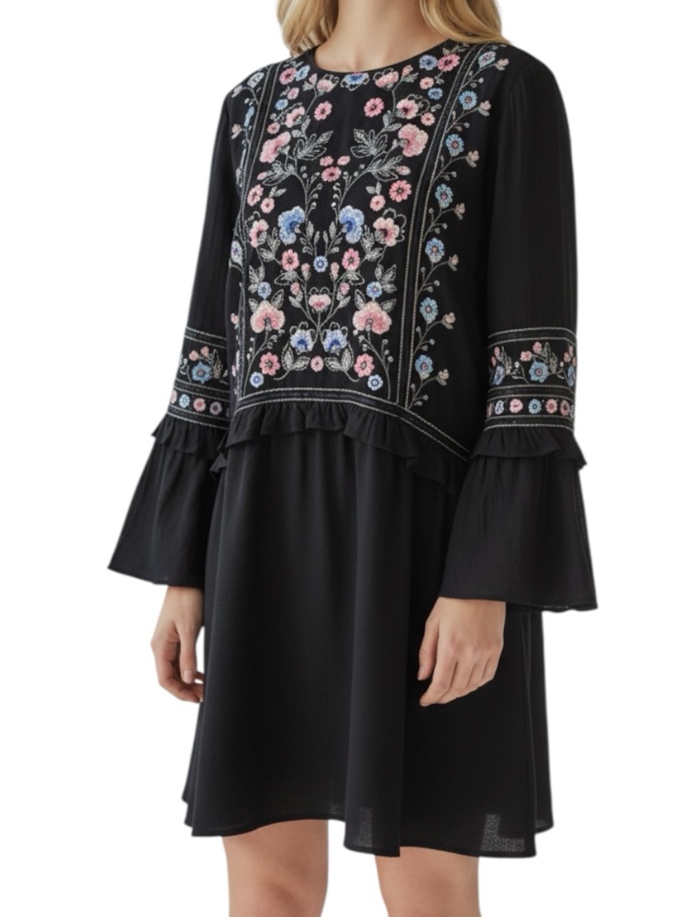 Ever New Dress Size 10 Floral Embroidered Ruffle Long Bell Sleeve